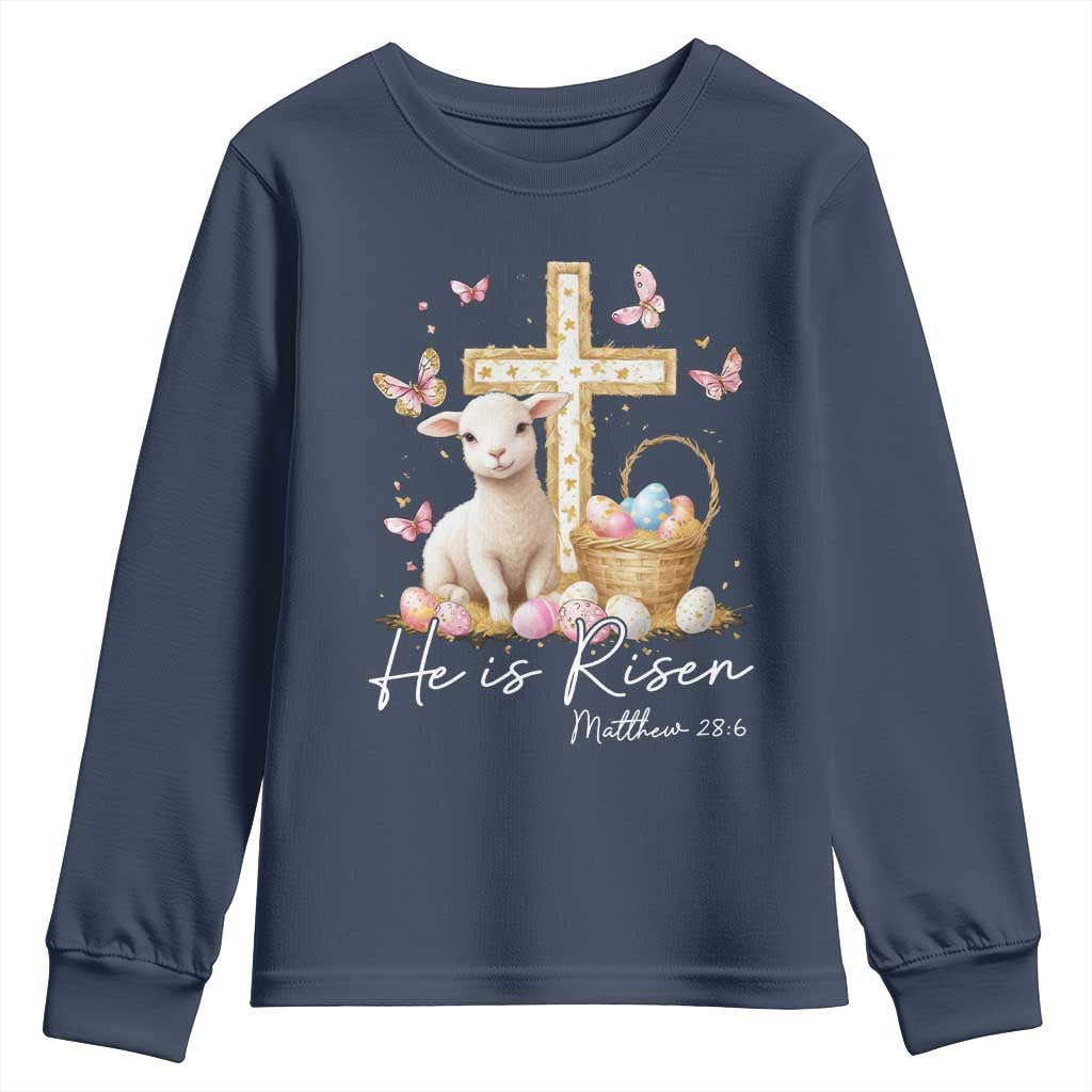 He Is Risen Easter Youth Sweatshirt Lamb Flowers Cross TS10 Navy Print Your Wear