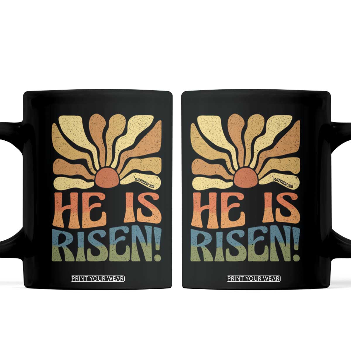 Retro Easter Coffee Mug Jesus He is Risen Matthew 28:6 Bible Verse Kids TS10 Black Print Your Wear