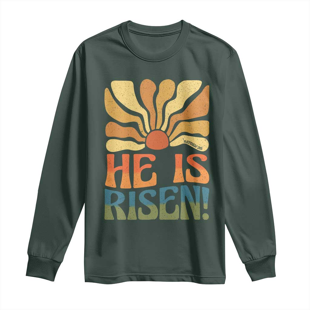 Retro Easter Long Sleeve Shirt Jesus He is Risen Matthew 28:6 Bible Verse Kids TS10 Dark Forest Green Print Your Wear