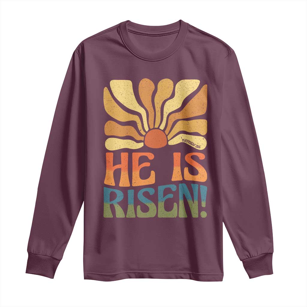 Retro Easter Long Sleeve Shirt Jesus He is Risen Matthew 28:6 Bible Verse Kids TS10 Maroon Print Your Wear