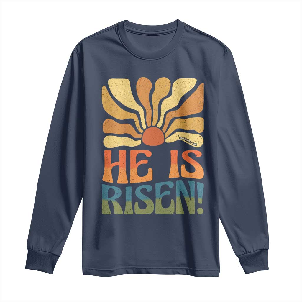Retro Easter Long Sleeve Shirt Jesus He is Risen Matthew 28:6 Bible Verse Kids TS10 Navy Print Your Wear