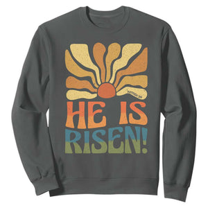Retro Easter Sweatshirt Jesus He is Risen Matthew 28:6 Bible Verse Kids TS10 Dark Heather Print Your Wear