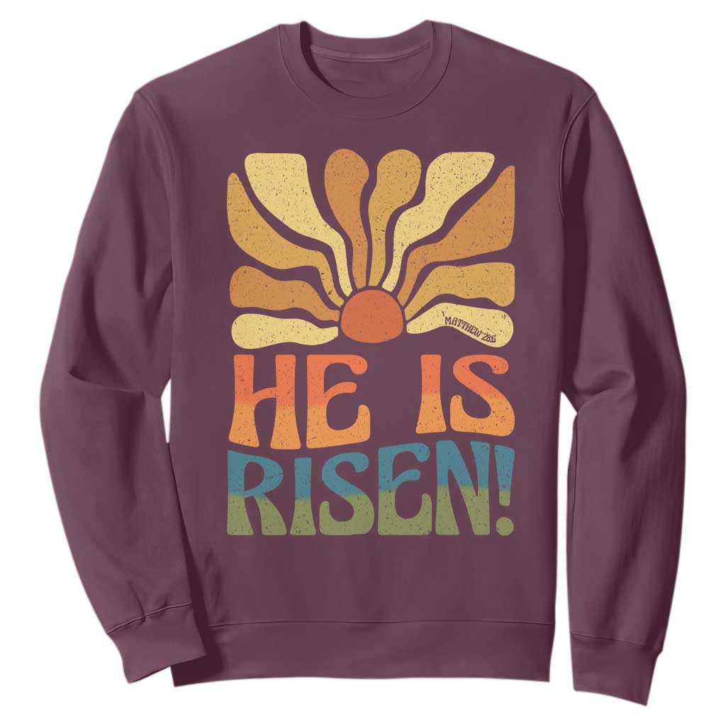 Retro Easter Sweatshirt Jesus He is Risen Matthew 28:6 Bible Verse Kids TS10 Maroon Print Your Wear