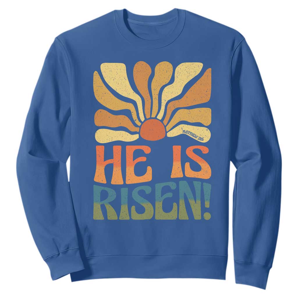 Retro Easter Sweatshirt Jesus He is Risen Matthew 28:6 Bible Verse Kids TS10 Royal Blue Print Your Wear