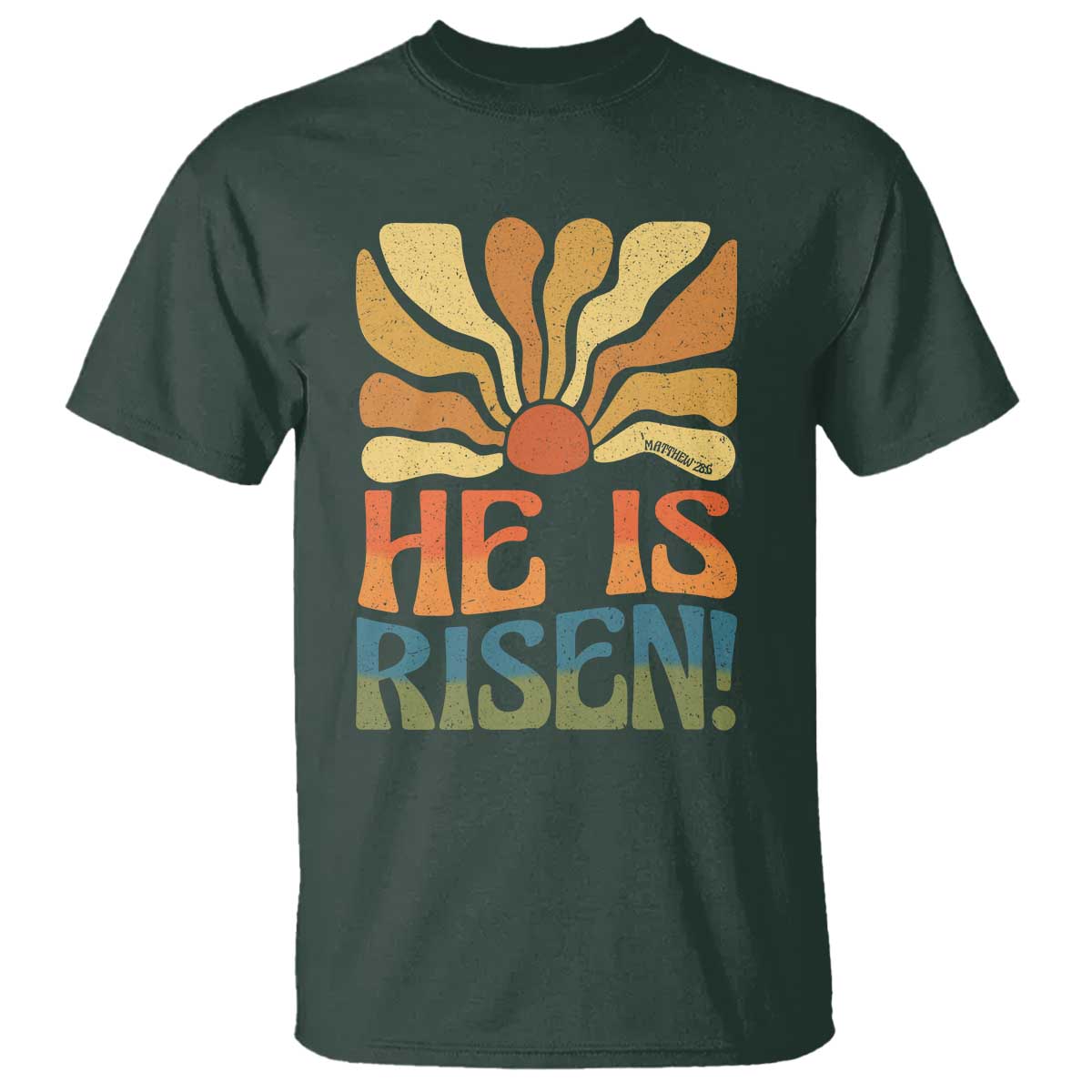 Retro Easter T Shirt Jesus He is Risen Matthew 28:6 Bible Verse Kids TS10 Dark Forest Green Print Your Wear