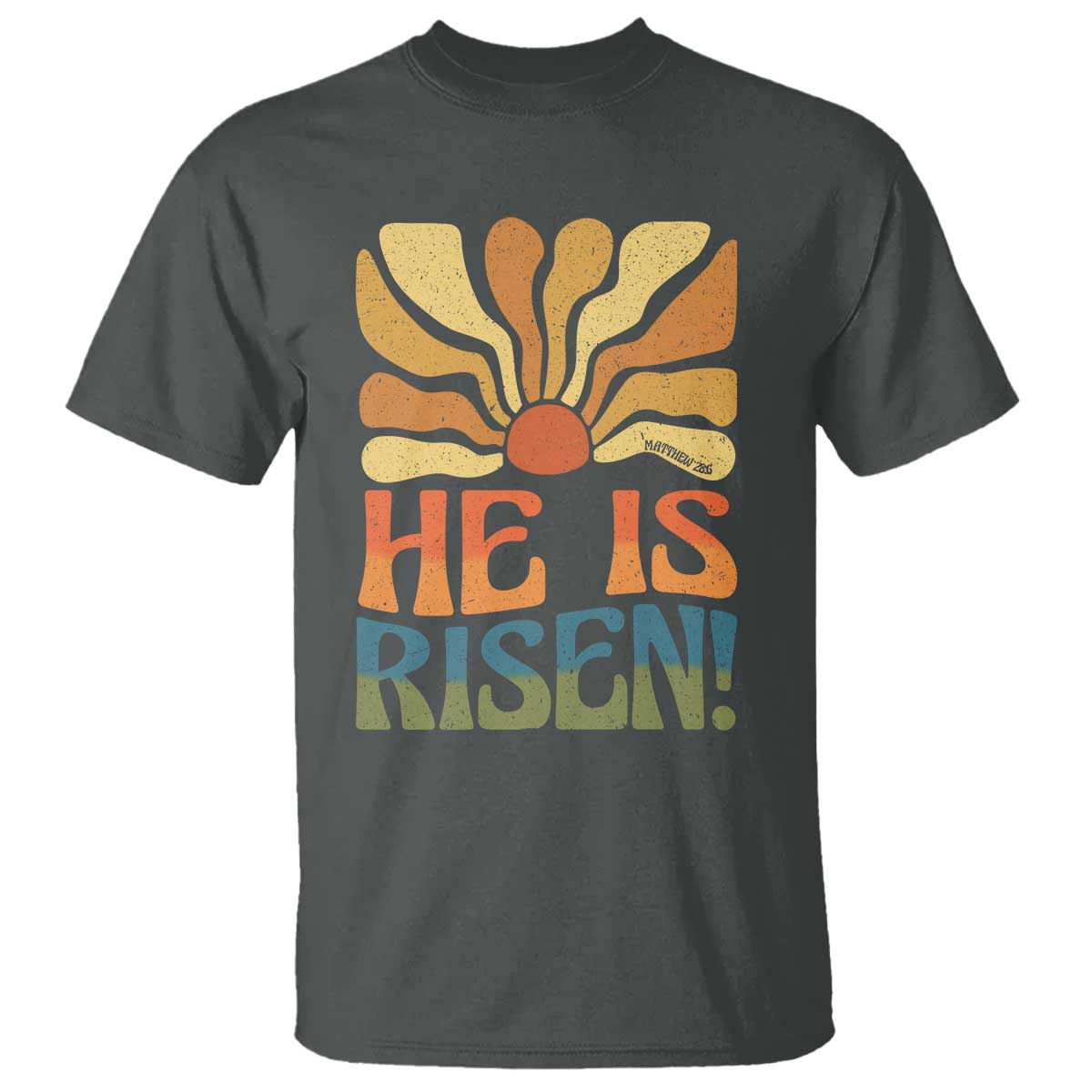 Retro Easter T Shirt Jesus He is Risen Matthew 28:6 Bible Verse Kids TS10 Dark Heather Print Your Wear