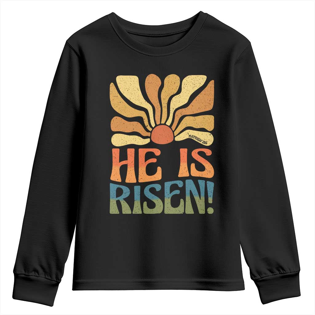 Retro Easter Youth Sweatshirt Jesus He is Risen Matthew 28:6 Bible Verse Kids TS10 Black Print Your Wear