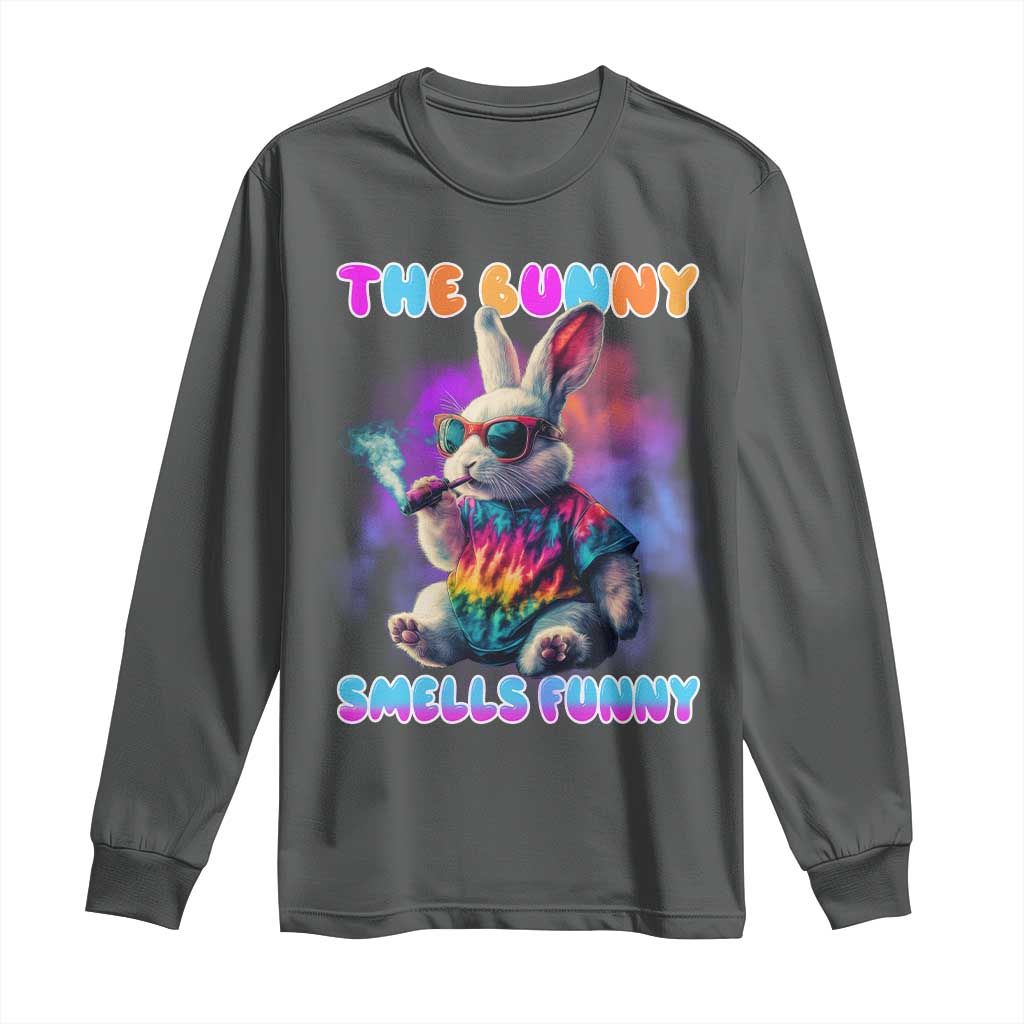 Happy 420 Easter Long Sleeve Shirt Funny Smoking Easter Bunny Smells Funny Easter TS10 Dark Heather Print Your Wear