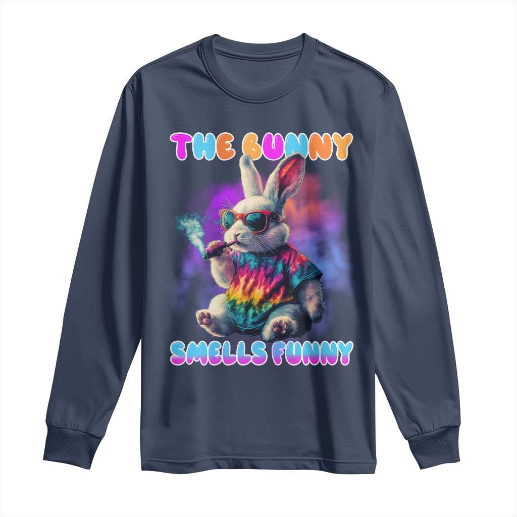 Happy 420 Easter Long Sleeve Shirt Funny Smoking Easter Bunny Smells Funny Easter TS10 Navy Print Your Wear