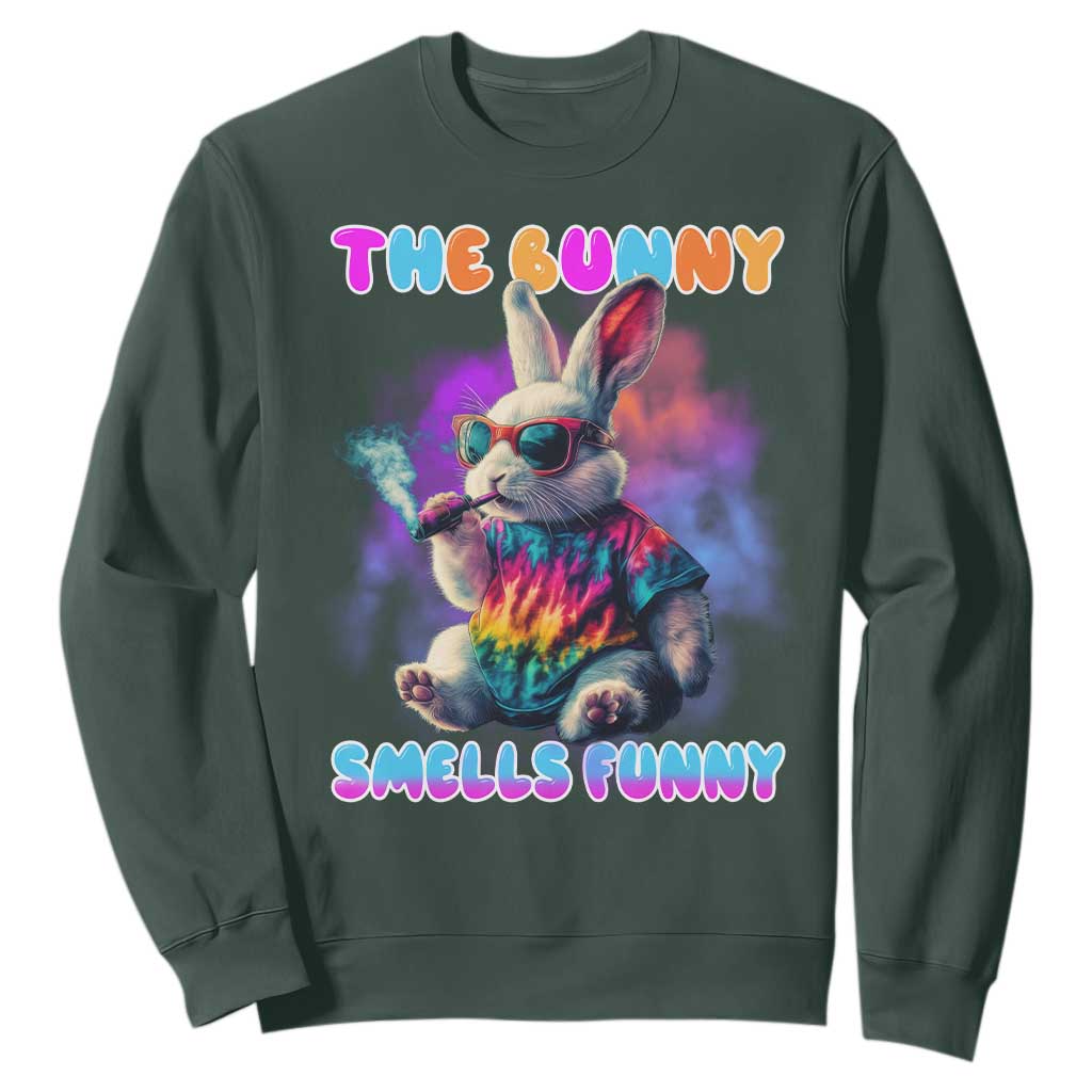 Happy 420 Easter Sweatshirt Funny Smoking Easter Bunny Smells Funny Easter TS10 Dark Forest Green Print Your Wear