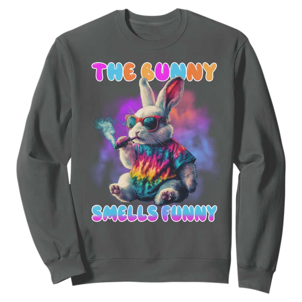 Happy 420 Easter Sweatshirt Funny Smoking Easter Bunny Smells Funny Easter TS10 Dark Heather Print Your Wear