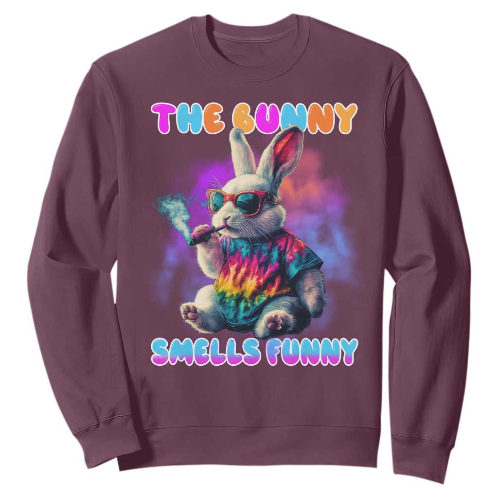 Happy 420 Easter Sweatshirt Funny Smoking Easter Bunny Smells Funny Easter TS10 Maroon Print Your Wear