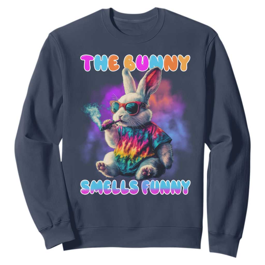 Happy 420 Easter Sweatshirt Funny Smoking Easter Bunny Smells Funny Easter TS10 Navy Print Your Wear