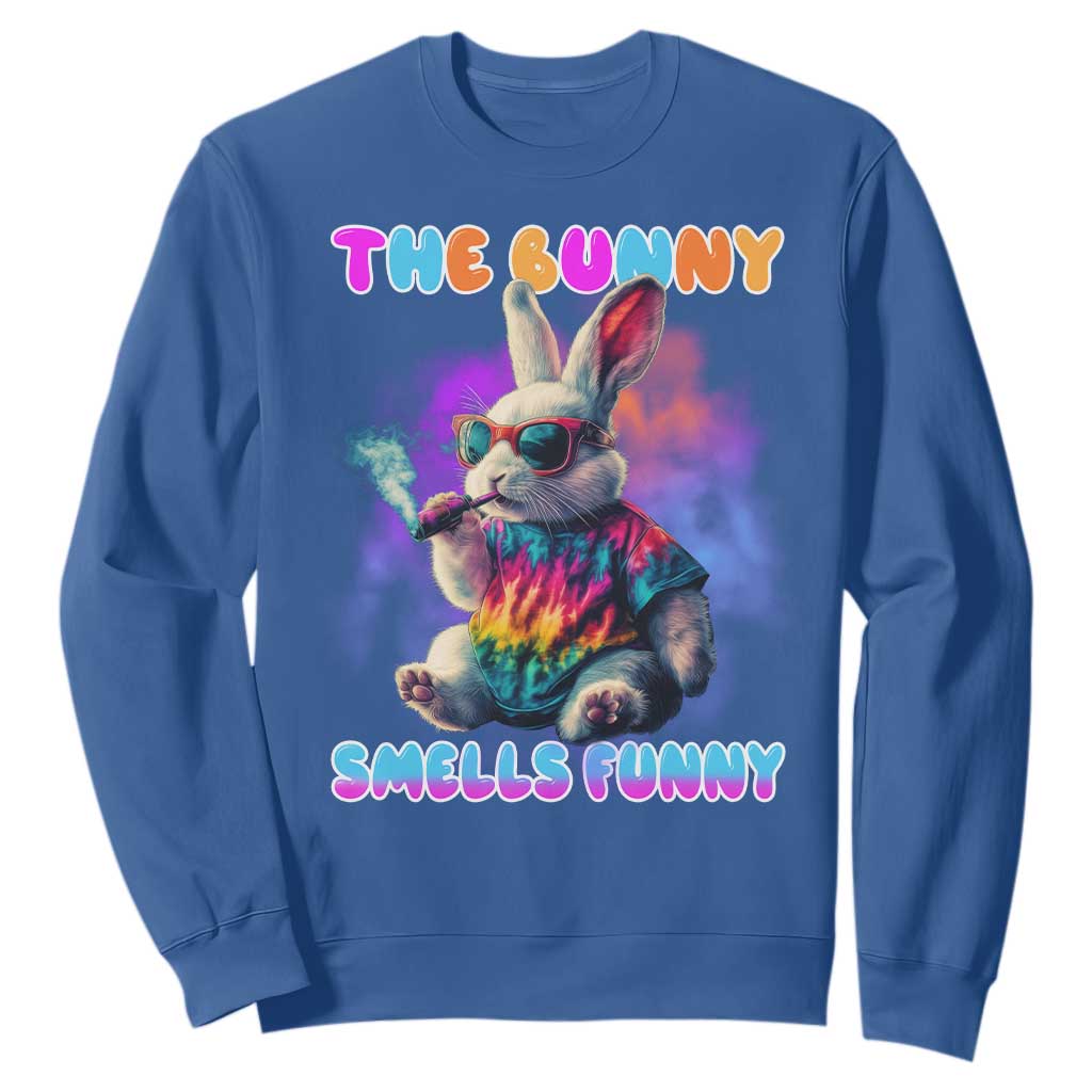 Happy 420 Easter Sweatshirt Funny Smoking Easter Bunny Smells Funny Easter TS10 Royal Blue Print Your Wear