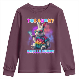 Happy 420 Easter Youth Sweatshirt Funny Smoking Easter Bunny Smells Funny Easter TS10 Maroon Print Your Wear