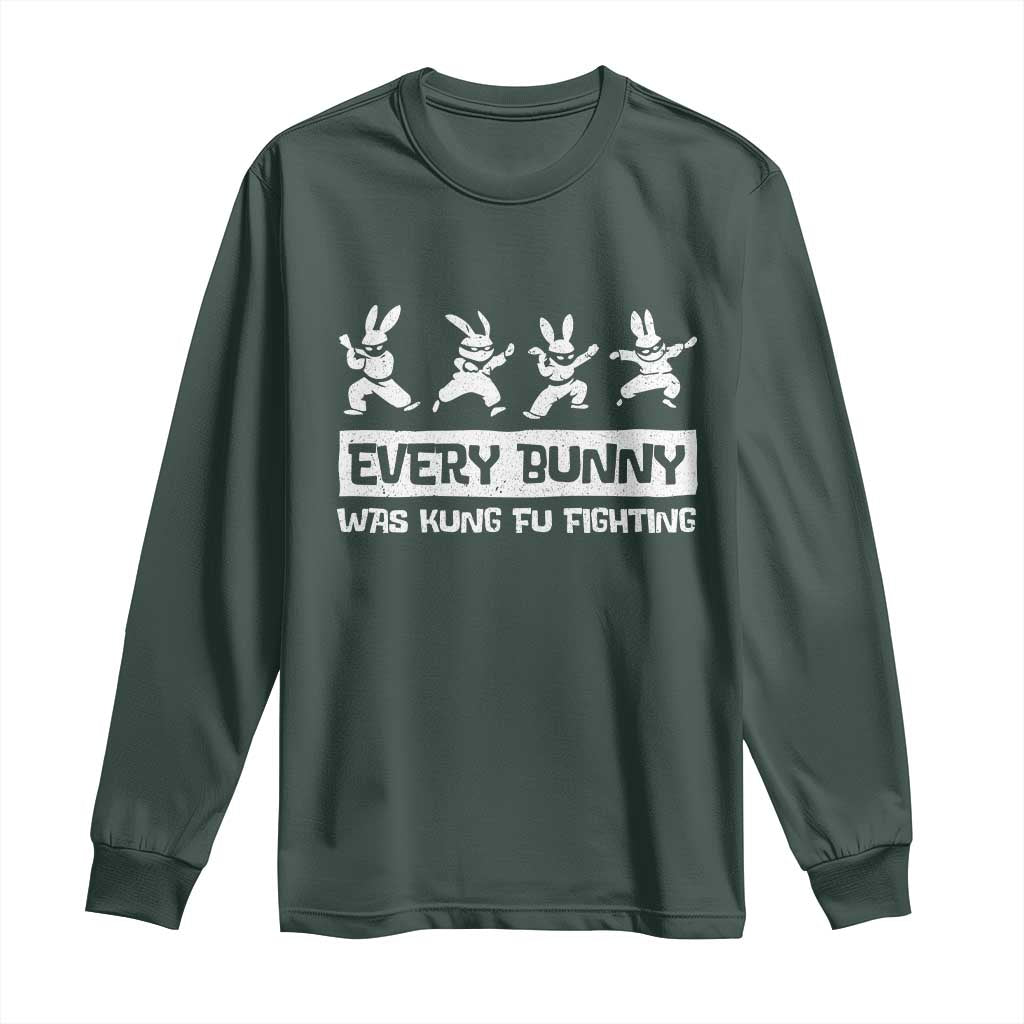 Bunny Kung Fu Fighting Long Sleeve Shirt Funny Easter Vintage Graphic TS10 Dark Forest Green Print Your Wear
