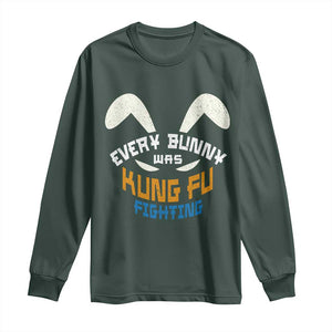 Every Bunny Was Kung Fu Fighting Long Sleeve Shirt Funny Easter Vintage Rabbit Face TS10 Dark Forest Green Print Your Wear
