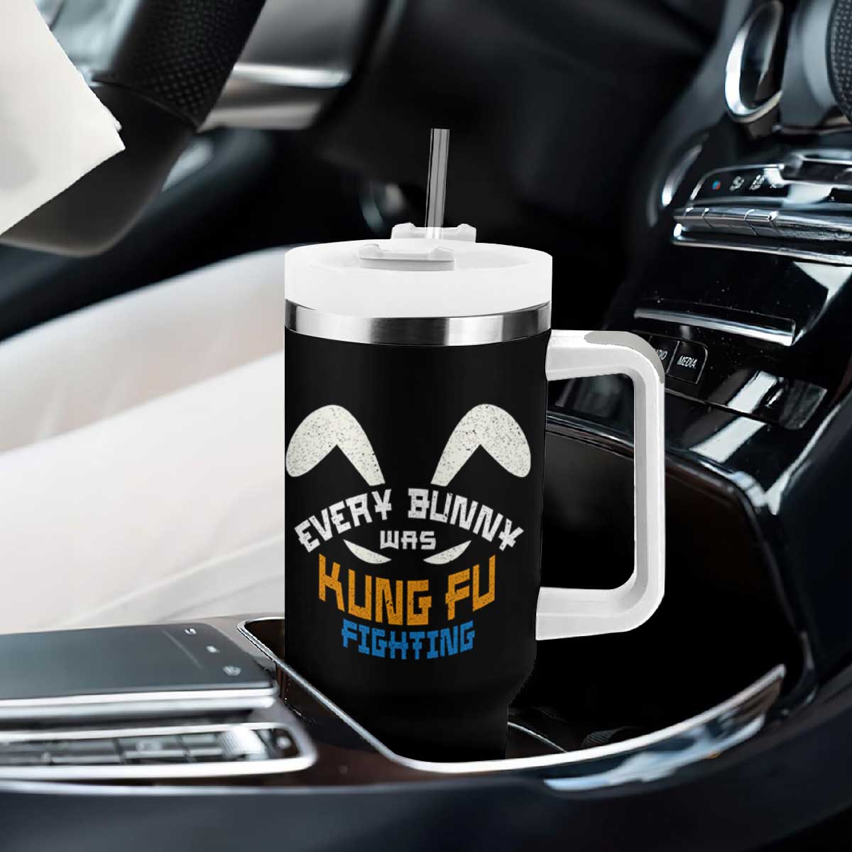 Every Bunny Was Kung Fu Fighting Tumbler With Handle Funny Easter Vintage Rabbit Face TS10 Print Your Wear