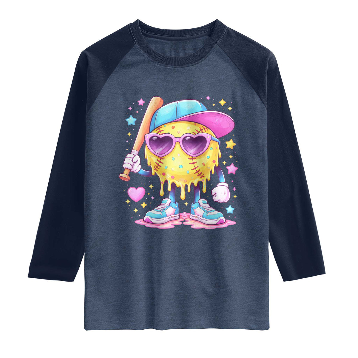 Funny Softball Drip Raglan Shirt Ice Cream Sprinkles Softball Girls Kid TS10 Heather Denim Navy Print Your Wear