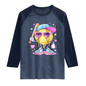 Funny Softball Drip Raglan Shirt Ice Cream Sprinkles Softball Girls Kid TS10 Heather Denim Navy Print Your Wear