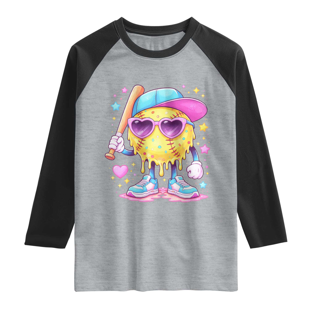 Funny Softball Drip Raglan Shirt Ice Cream Sprinkles Softball Girls Kid TS10 Heather Gray Black Print Your Wear