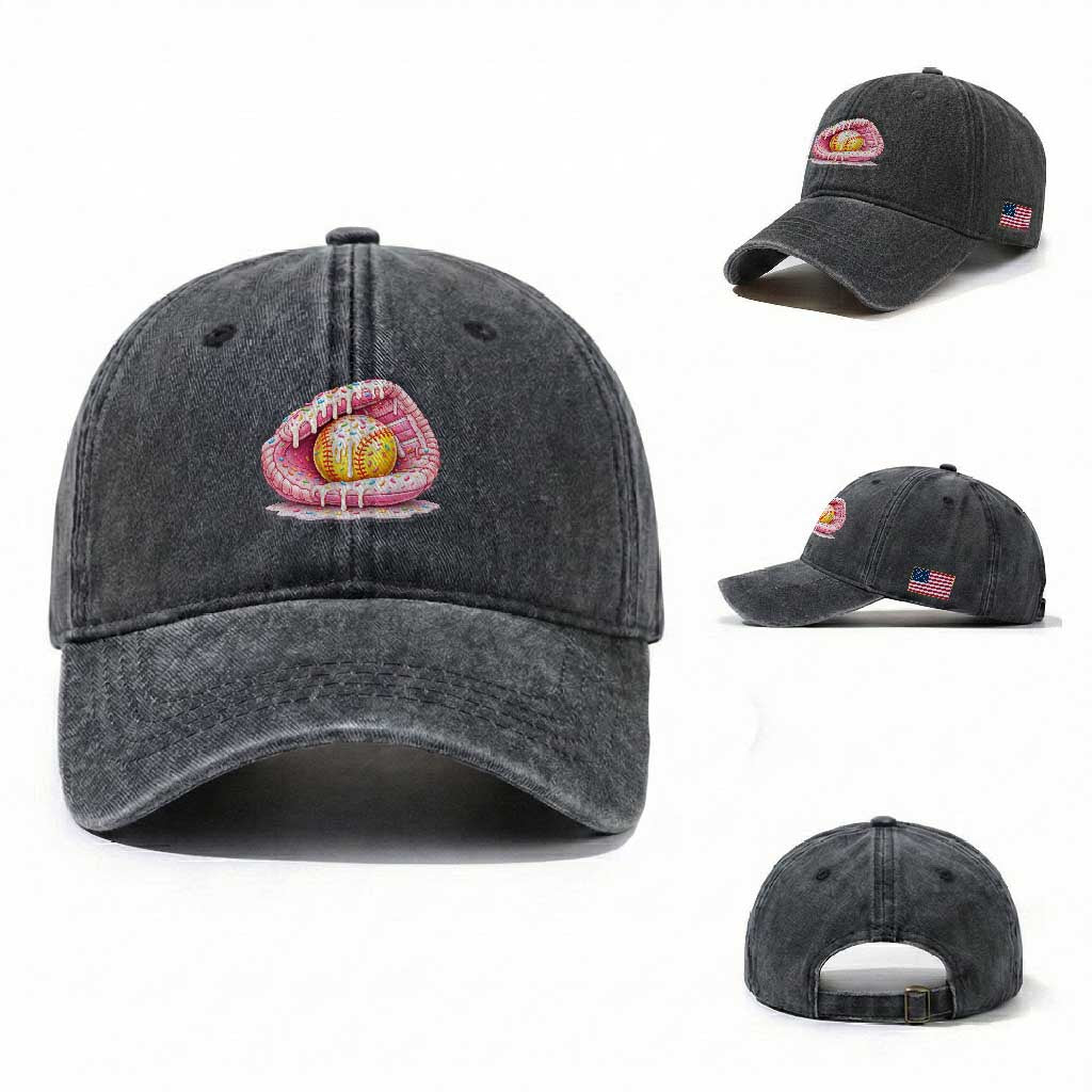 Softball Drip Washed Cotton Baseball Cap Ice Cream Sprinkles Softball Glove Girls Kid TS10 Washed Cap Universal Fit Dark Gray Print Your Wear