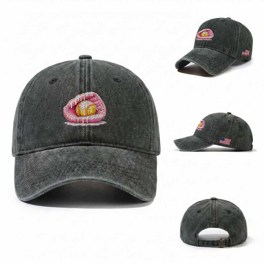 Softball Drip Washed Cotton Baseball Cap Ice Cream Sprinkles Softball Glove Girls Kid TS10 Washed Cap Universal Fit Dark Green Print Your Wear