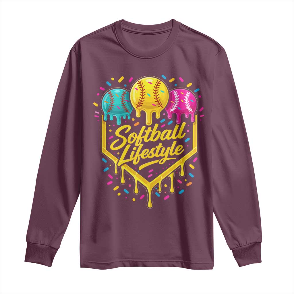 Softball Drip Long Sleeve Shirt Ice Cream Sprinkles Softball Life Style TS10 Maroon Print Your Wear