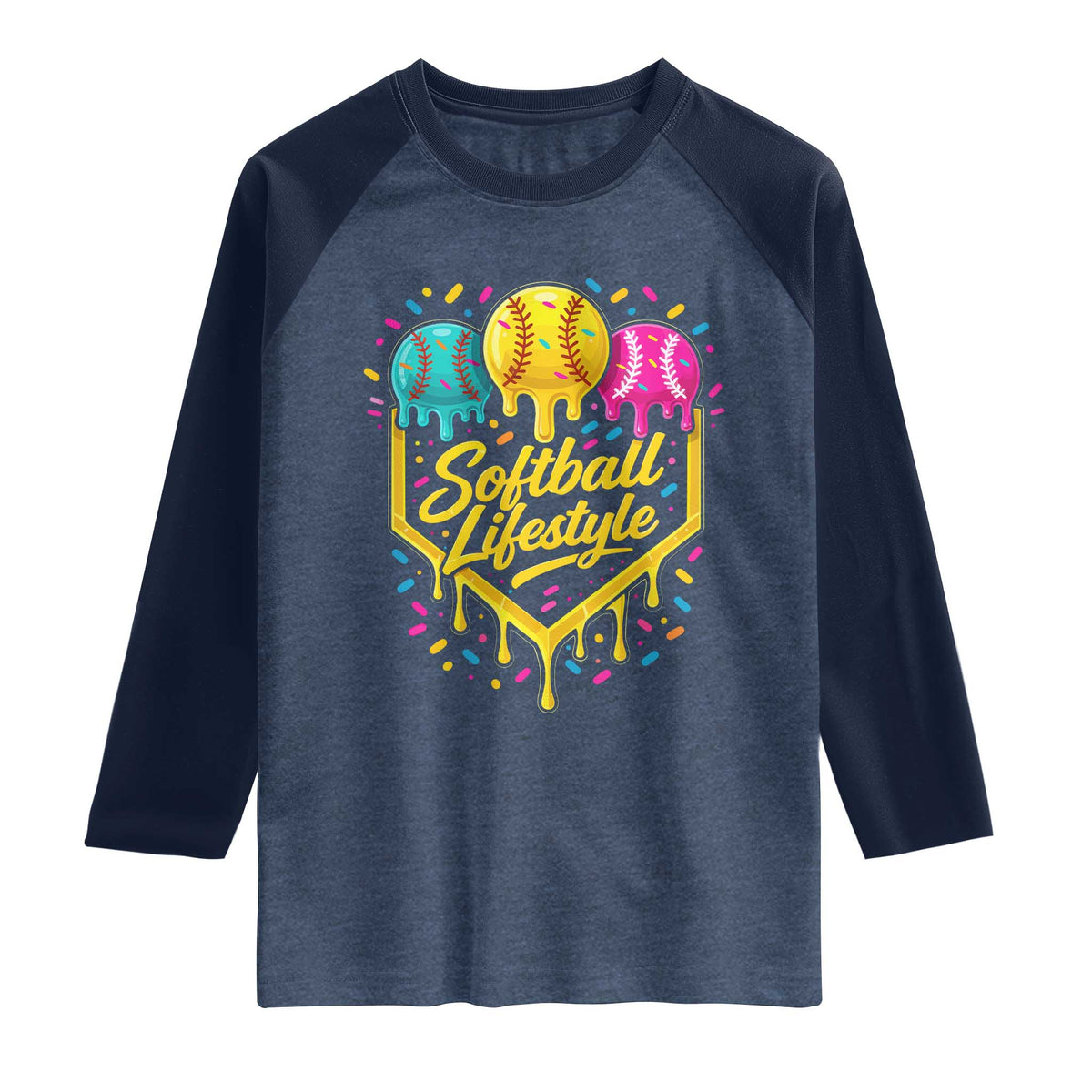 Softball Drip Raglan Shirt Ice Cream Sprinkles Softball Life Style TS10 Heather Denim Navy Print Your Wear