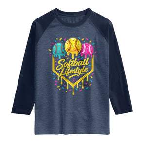 Softball Drip Raglan Shirt Ice Cream Sprinkles Softball Life Style TS10 Heather Denim Navy Print Your Wear