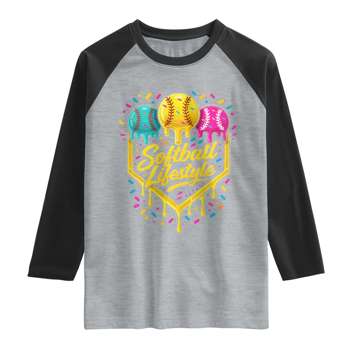 Softball Drip Raglan Shirt Ice Cream Sprinkles Softball Life Style TS10 Heather Gray Black Print Your Wear