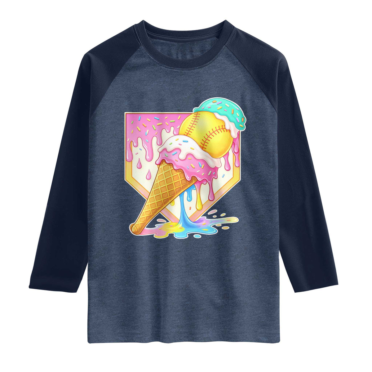 Softball Drip Raglan Shirt Cute Softball Girls Ice Cream Drip Game Day TS10 Heather Denim Navy Print Your Wear