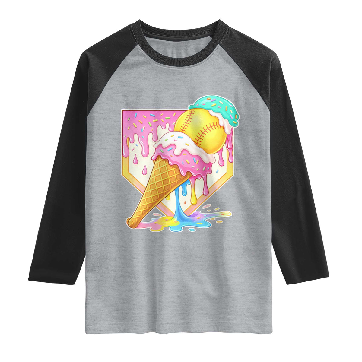 Softball Drip Raglan Shirt Cute Softball Girls Ice Cream Drip Game Day TS10 Heather Gray Black Print Your Wear