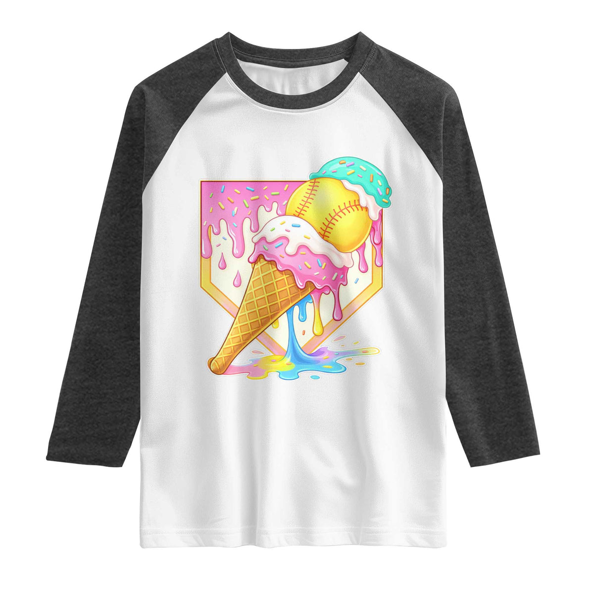 Softball Drip Raglan Shirt Cute Softball Girls Ice Cream Drip Game Day TS10 White Heather Charcoal Print Your Wear