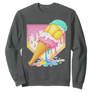 Softball Drip Sweatshirt Cute Softball Girls Ice Cream Drip Game Day TS10 Dark Heather Print Your Wear