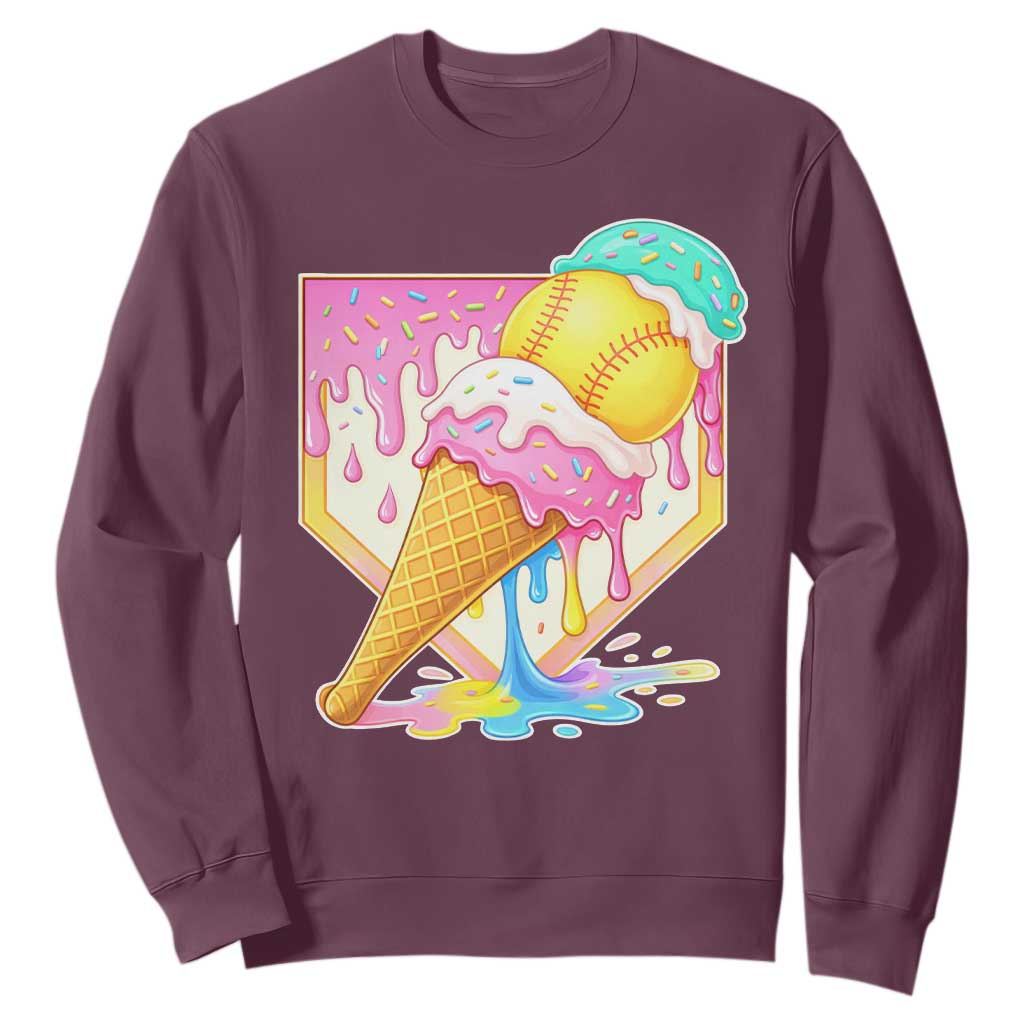 Softball Drip Sweatshirt Cute Softball Girls Ice Cream Drip Game Day TS10 Maroon Print Your Wear