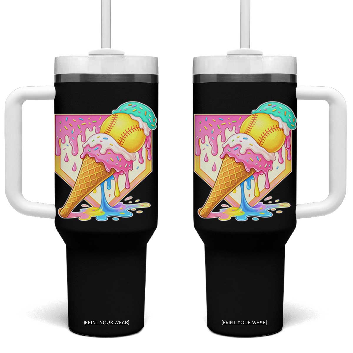 Softball Drip Tumbler With Handle Cute Softball Girls Ice Cream Drip Game Day TS10 One Size: 40 oz Black Print Your Wear