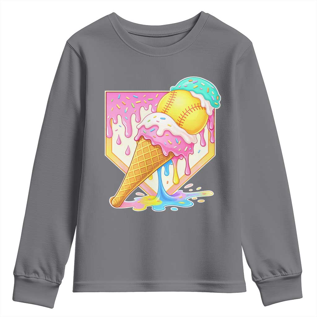 Softball Drip Youth Sweatshirt Cute Softball Girls Ice Cream Drip Game Day TS10 Charcoal Print Your Wear
