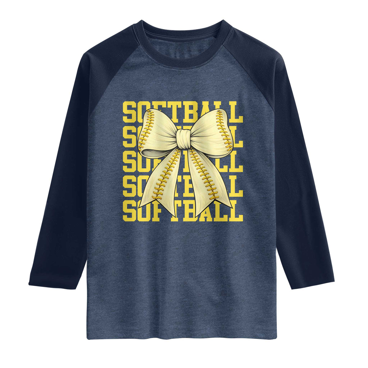 Softball Bow Raglan Shirt Sister Sport Lovers Girls Team TS10 Heather Denim Navy Print Your Wear