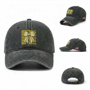 Softball Bow Washed Cotton Baseball Cap Sister Sport Lovers Girls Team TS10 Washed Cap Universal Fit Dark Green Print Your Wear