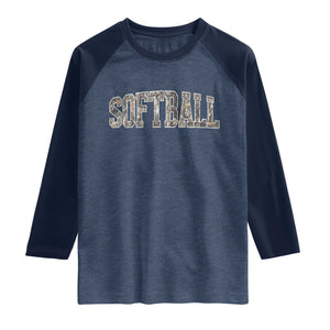 Camo Softball Raglan Shirt Vintage Camouflage Softball Varsity Game Day TS10 Heather Denim Navy Print Your Wear