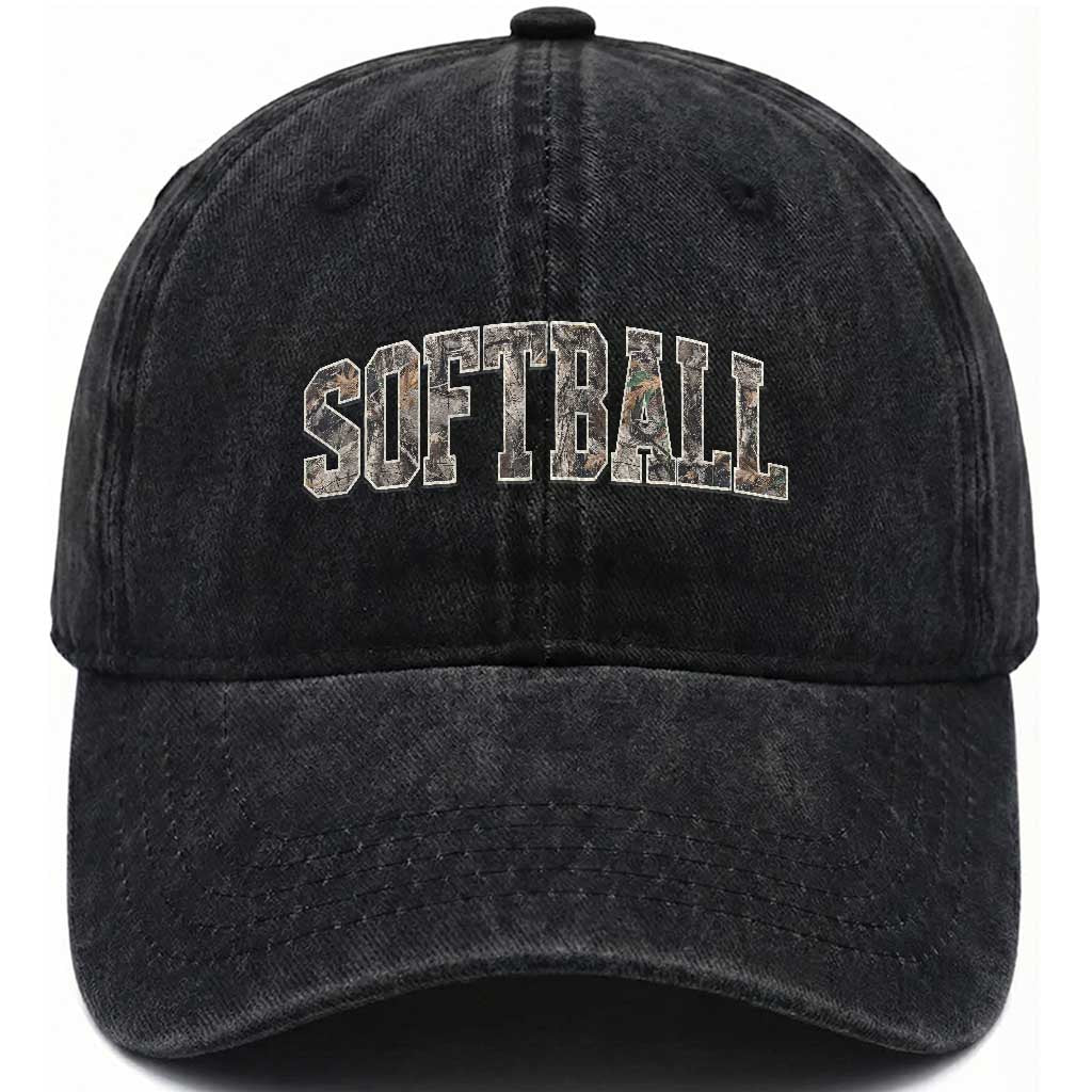 Camo Softball Washed Cotton Baseball Cap Vintage Camouflage Softball Varsity Game Day TS10 Print Your Wear