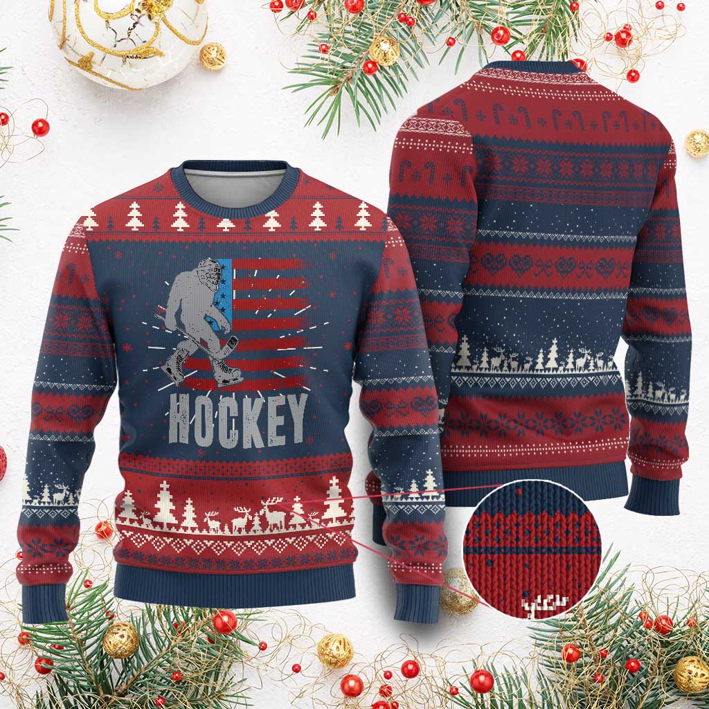 Hockey Bigfoot USA Flag Knit Sweatshirt Vintage Patriotic Ice Hockey Player TS10 Burgundy Print Your Wear
