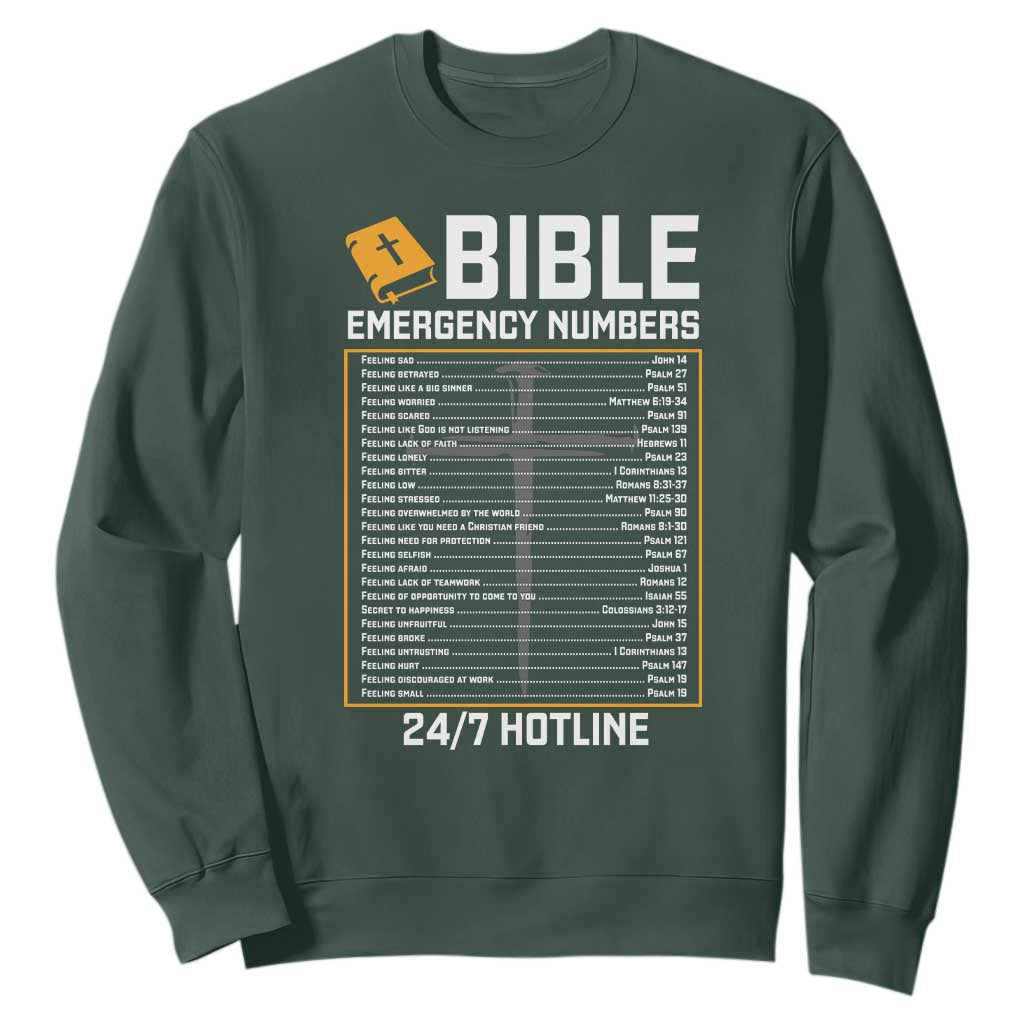 Bible Emergency Numbers Sweatshirt Funny Christian Bible Jesus Religious TS10 Dark Forest Green Print Your Wear