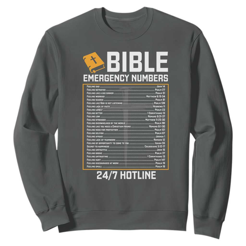 Bible Emergency Numbers Sweatshirt Funny Christian Bible Jesus Religious TS10 Dark Heather Print Your Wear