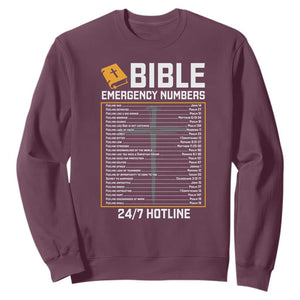 Bible Emergency Numbers Sweatshirt Funny Christian Bible Jesus Religious TS10 Maroon Print Your Wear