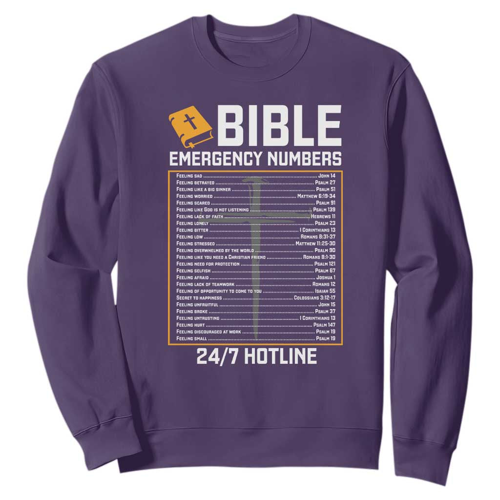 Bible Emergency Numbers Sweatshirt Funny Christian Bible Jesus Religious TS10 Purple Print Your Wear