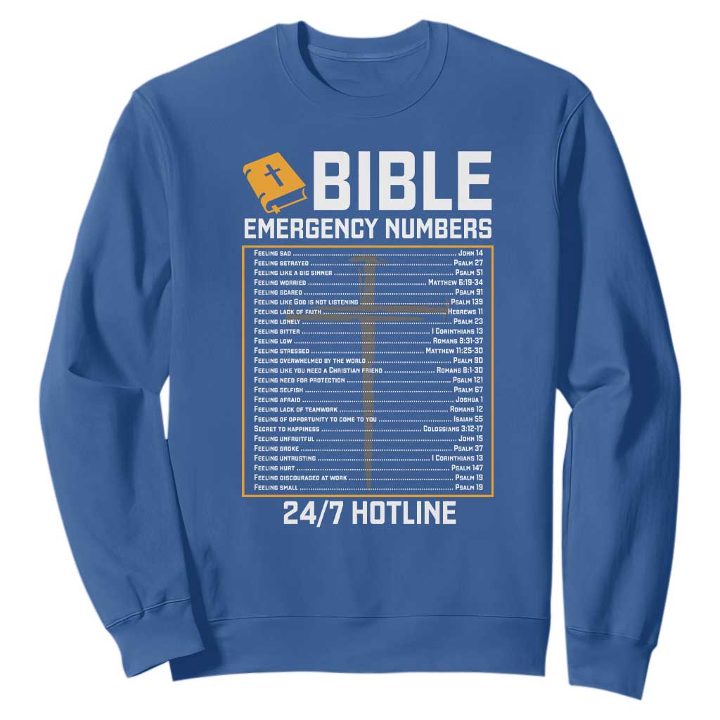 Bible Emergency Numbers Sweatshirt Funny Christian Bible Jesus Religious TS10 Royal Blue Print Your Wear