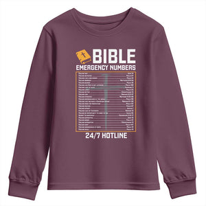 Bible Emergency Numbers Youth Sweatshirt Funny Christian Bible Jesus Religious TS10 Maroon Print Your Wear