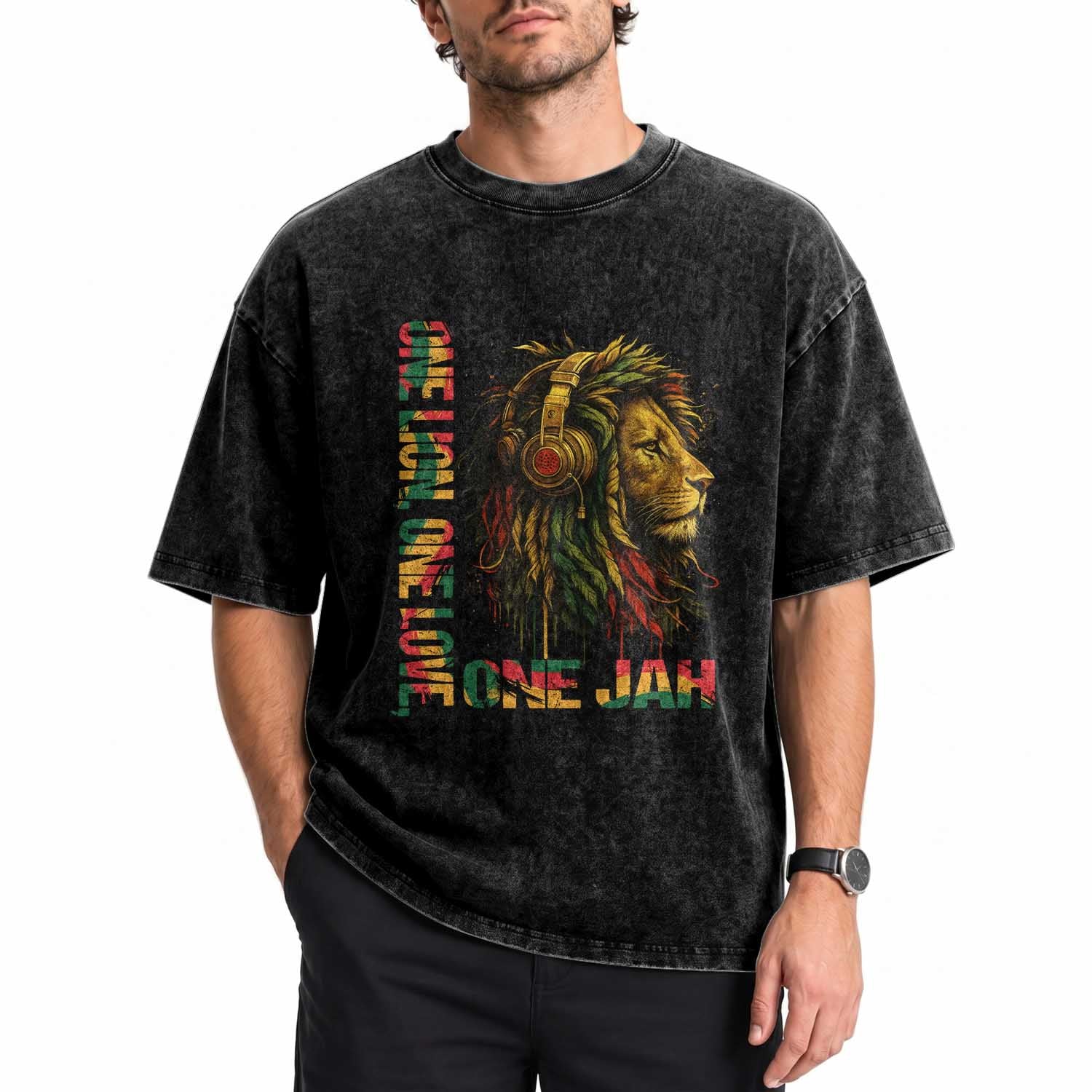 One Love Rasta Lion Washed Cotton T-Shirt Rastafari Reggae Jamaica Roots Lion of Judah Dreadlocks